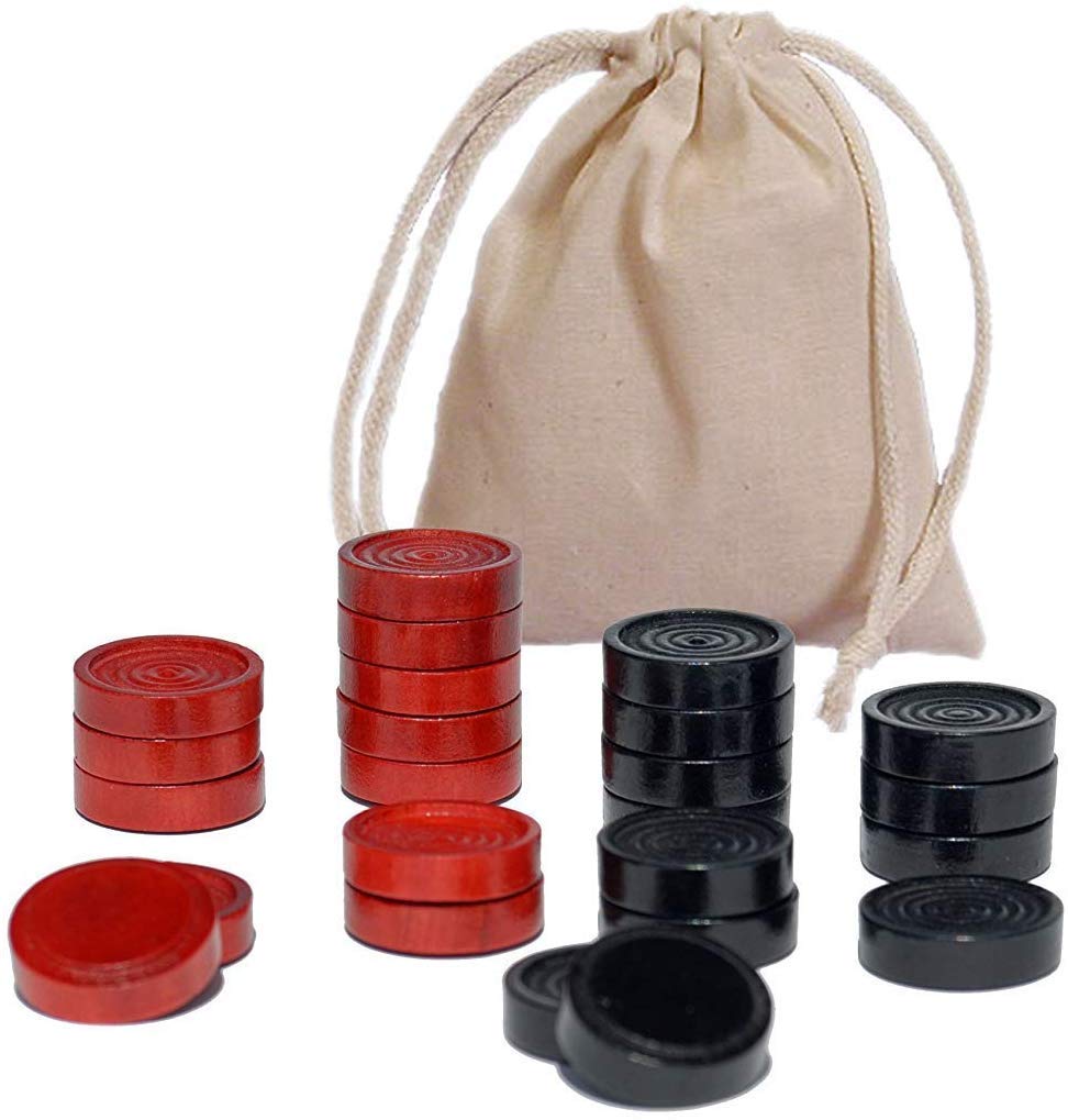 WE Games Checkers Pieces Only, Wooden Checker Board Game Pieces, 24 Red and Black Stackable Player Pieces with a Drawstring Storage Bag, 1.5 Inch Diameter Carved Versatile Backgammon Game Pieces