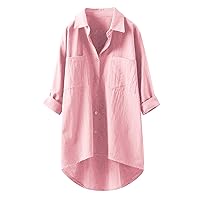 Linen Summer Shirts for Women Solid Color 3/4 Sleeve Cotton 2024 Tops Long Sleeve Loose Fit Trendy Tunics Gauze Flowy