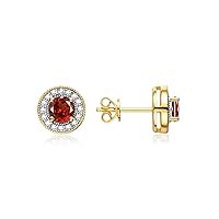 Yellow Gold Plated Silver Halo Stud Earrings - 4MM Round Gemstone & Diamonds - Exquisite Birthstone Jewelry for Women & Girls