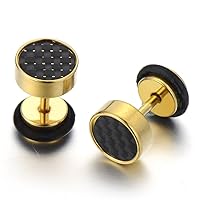 8MM Mens Gold Stud Earrings Stainless Steel Illusion Tunnel Plug Screw Back with Carbon Fiber, 2pcs