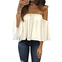 Women's Summer Off Shoulder Blouses Short Sleeves Sexy Tops Chiffon Ruffles Casual T Shirt