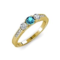 London Blue Topaz & Diamond Milgrain 3 Stone Ring with Side Diamond 0.85 ctw 14K Yellow Gold