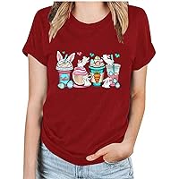 Easter Day Women T Shirts Casual Rabbit Coffee Tea Graphic Print Design Holiday Crewneck Short Sleeve T Shirt