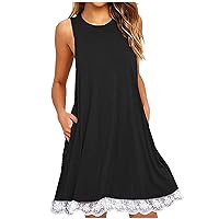 Sundress for Women Casual Beach Cover Up Dress Sleeveless Summer Tank Dress Lace Trim Hem Flowy Swing Mini Dress with Pockets
