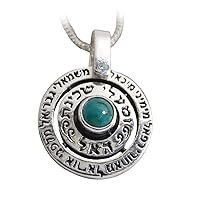 3/4 Carat Turquoise Handmade Turquoise Kabbalah Angel Prayer Silver Disc Pendant Necklace in 925 Sterling Silver Jewish Jewelry by Baltinester Jewelry