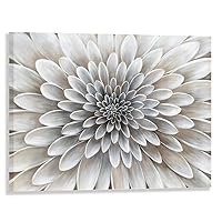 Floral Wall Art in Neutral Color Large Modern Canvas Decor Glam Style Framed Artwork with Embellishment Texture Dahlia Flower Picture in White Grey Cream Hues for Living Room