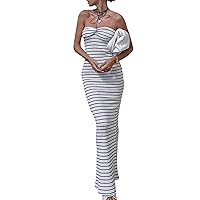 Women Knit Maxi Tube Dress Strapless Striped Knitted Midi Bodycon Dress Colorblock Printed Long Bandeau Dress