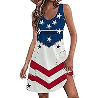 4th of July Dress Women Summer Dresses 2024 Casual Sleeveless V Neck Red White Blue Print Tank Loose Sundress with Pocket