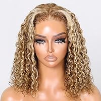 Water Wave Bob Honey Blonde Human Hair Wig 13x6 HD Transparent Lace Front Wig #27/613 Color Short Bob Brazilian Remy Human Hair Glueless Wigs with Baby Hair Bleached Knots 150% Density 18inch