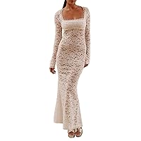 Women Sexy Trend Lace Splicing Long Sleeve Square Wrap Hip Long Skirt Casual Dress