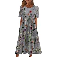 Independence Day Wedding Short Sleeve Tunic Dress Female Shift Ugly Soft Cotton Dress for Womens Fit Patchwork Grey 3XL