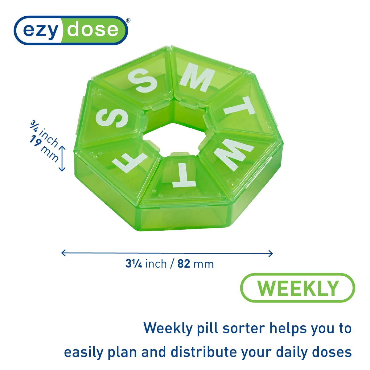 EZY DOSE Weekly Pill Organizer and Planner, Travel Pill Planner, 7-Sided, Green (67009GAMT)
