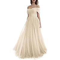 Women's Sparkly Prom Ball Gowns Off Shoulder Starry Tulle Floor Length Formal Evening Gown with Pocket