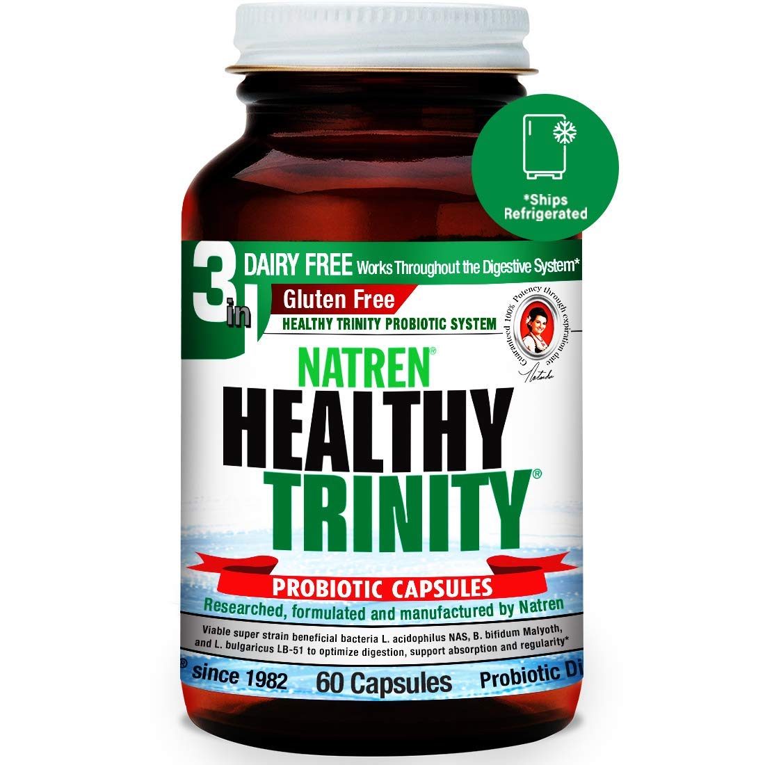 Natren Healthy Trinity Probiotics Supplement - 60 Dairy and Gluten Free Gel Capsules - Improve Gut and Digestive Health, - 30 Billion CFU - Lactobacillus Acidophilus, Bifidobacterium, Bulgaricus