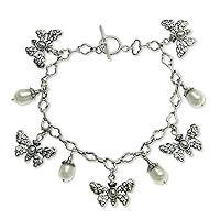NOVICA White Cultured Freshwater Pearl .925 Sterling Silver Charm Bracelet, Butterfly Vignette'