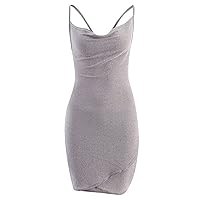 Mini Dress with Slit Women's Glitter Dress Sexy Wind Fine Flash Suspender Backless Tight Solid Color Dress