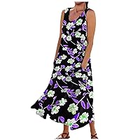 Womens Maxi Dresses for Summer Casual Comfortable Floral Print Sleeveless Cotton Pocket Dress