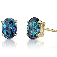 Peora Solid 14K Yellow Gold Created Alexandrite Earrings for Women, Color Change Classic Solitaire Studs, 7x5mm Oval Shape, 2 Carats total, Friction Back