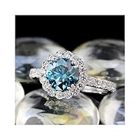 14k White Gold Plated 2 1/3ct Round Blue Topaz and Cubic Zirconia Halo Engagement Ring