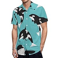 Killer Whale Casual Mens Short Sleeve Shirts Slim Fit Button-Down T Shirts Beach Pocket Tops Tees