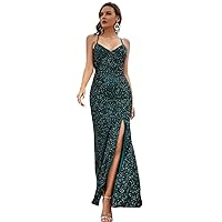 Dresses for Women - Lace Up Backless Split Thigh Sequins Bodycon Formal Evening Gown (Color : Dark Green, Size : X-Large)