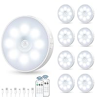 Motion Sensor Puck Light with Remote, Wireless Dimmable Under Cabinet Lights, Rechargeable Magnetic Closet Light, Stick on Night Light, 8-Pack