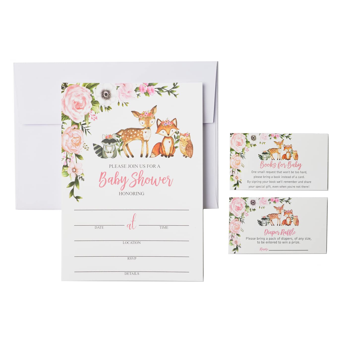 All Ewired Up 25 Girl Woodlands Baby Shower Invitations, Diaper Raffle Tickets, Book Request Cards with Envelopes, 24 Guests Dinner Plates, Dessert Plates, Cups, Gold Straws and Napkins Bundle