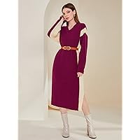 TLULY Sweater Dress for Women Colorblock Split Hem Sweater Dress Without Belt Sweater Dress for Women (Color : Red Violet, Size : Large)