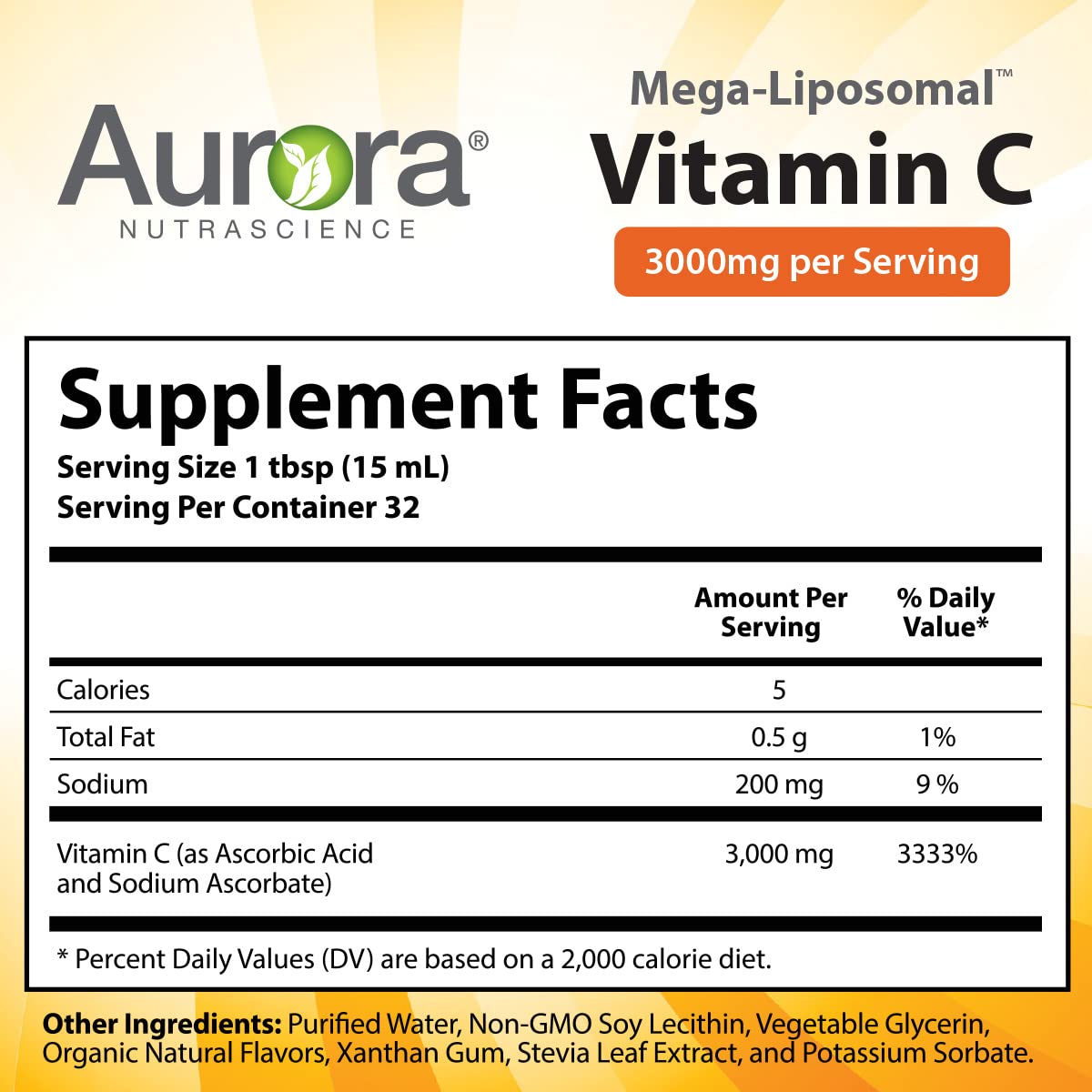 Aurora Nutrascience, Mega- Liposomal Vitamin C, 3,000 mg per Serving, Gluten Free, Non-GMO, Sugar Free, High Absorption, Fat Soluble Vitamin C, Immune System Support, 16 oz (480 mL)