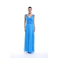 Blue V Neck Chiffon Floor Length Bridesmaid Dress With Lace Cap Sleeves