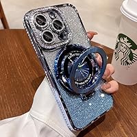 Magnetic Kickstand {Glitter Lens Protector } Case for IPhone 15 14 13 12 Pro Max {Compatible with Magsafe } {Sparkling Diamond } Cover Glitter Shiny Rhinestone Cases (Blue,for iphone 12 Pro Max)