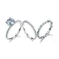 3pcs Engagement Ring Set,6.5mm Round Blue Aquamarine 14k White Gold Eternity Diamond Wedding Band Sets