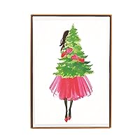 Graphique Girl Carrying Tree Holiday Cards - Pack of 15 Cards with Envelopes - Christmas Greetings - Glitter Accents - Boxed Set - 4.75