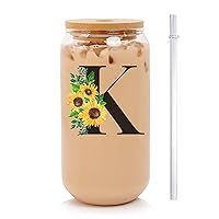 Initial Glass Cups with bamboo Lids and Straws,Initial Sunflower 16oz Iced Coffee Mug,Sunflower Tumbler Cup,Personalized Gifts Birthday Monogrammed Gifts for Women,Mom,Friend,Sister