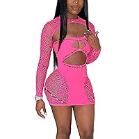 Adogirl Sexy Mesh Mini Dress for Women Y2K Long Sleeve Cut Out Bodycon See Through Short Dresses Party Clubwear