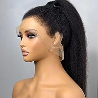 Kinky Straight 360 Full Lace Wig Human Hair Brazilian Remy Hair Pre Plucked Wigs For Black Women HD Transparent Lace Wig With Kinky Edges Baby Hair Yaki Wig Natural Black Color Bleached Knots 150% Density 16Inch