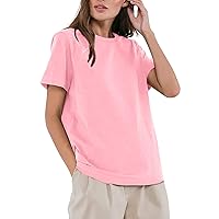Womens Short Sleeve Top Plain Shirts for Women 2024 Summer Solid Color Simple Classic Fashion Versatile with Short Sleeve Round Neck Tops Pink 3X-Large