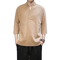 Men's Monk Buddhist Outfit T Shirt V-Neck Plain Linen Short Sleeve Casual Loose Household Clothes US Size L Asia