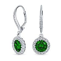 3CT Halo Solitaire Round Brilliant Cut AAA CZ Lever back Drop Earrings For Women .925 Sterling Silver Birth Month Colors