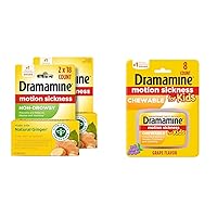 Dramamine Non-Drowsy, Motion Sickness Relief, Made with Natural Ginger, 18 Count, 2 Pack & Kids Chewable, Motion Sickness Relief, Grape Flavor, 8 Count