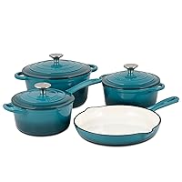 Basque Enameled Cast Iron Cookware Set, 7-Piece Set (Biscay Blue), Nonstick, Oversized Handles, Oven Safe; Skillet, Saucepan, Small Dutch Oven, Large Dutch Oven, 10.25