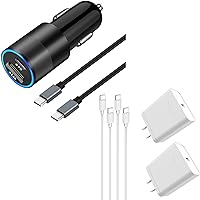 USB C 20W & USB 12W Car Charger + 25W PD Wall Power Block with 1 * 3.3ft USB C to C Cable + 3 * 6.6ft USB to Type C Cable, Fast Charging for iPhone 15 Pro Max, Samsung Galaxy S24 S23