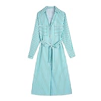 Women Double Pockets Patch Striped Print Bow Sashes Midi Shirt Dress Female Chic Roll Up Sleeve Vestidos