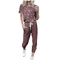 Summer 2 Piece Sets Women Art Print Outfits Going Out Short Sleeve Crewneck Tops and Drawstring Sweatpant Tracksuit
