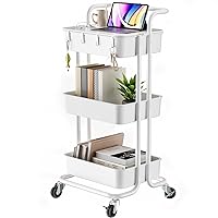3 Tier Rolling Cart with Table Top, Utility Cart with Wheels & 4 Hooks, Rolling Storage Cart for Home Storage and Organization, White, PIUC09W