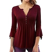 Andongnywell Women's Tunic Top Loose Long Sleeve V Neck Button Up Pleated Shirts Blouse T Shirt Tops