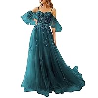 Off Shoulder Prom Dresses for Women Lace Applique A Line Ball Gowns Spaghetti Straps Formal Evening Dress