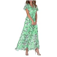 Women's 2024 Floral Boho Dress V Neck Short Sleeve Tiered Ruffle Hem A-Line Flowy Maxi Dresses Summer Midi Dresses