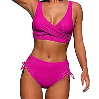 Womens Bathing Suit with Shirt Up Hollow Out Bikini Solid Color Sexy High Waist Quick Selling Bikini (Hot Pink-A, L)