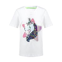 TiaoBug Kids Girls Magic Flip Sequins Five-Pointed Star Colorful Horse Pattern T-Shirt Short Sleeve Crew Neck Tee Top